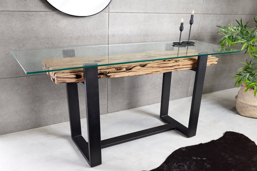 Konsole Barcelona 150cm recyceltes Teakholz mit gehärteter Glasplatte