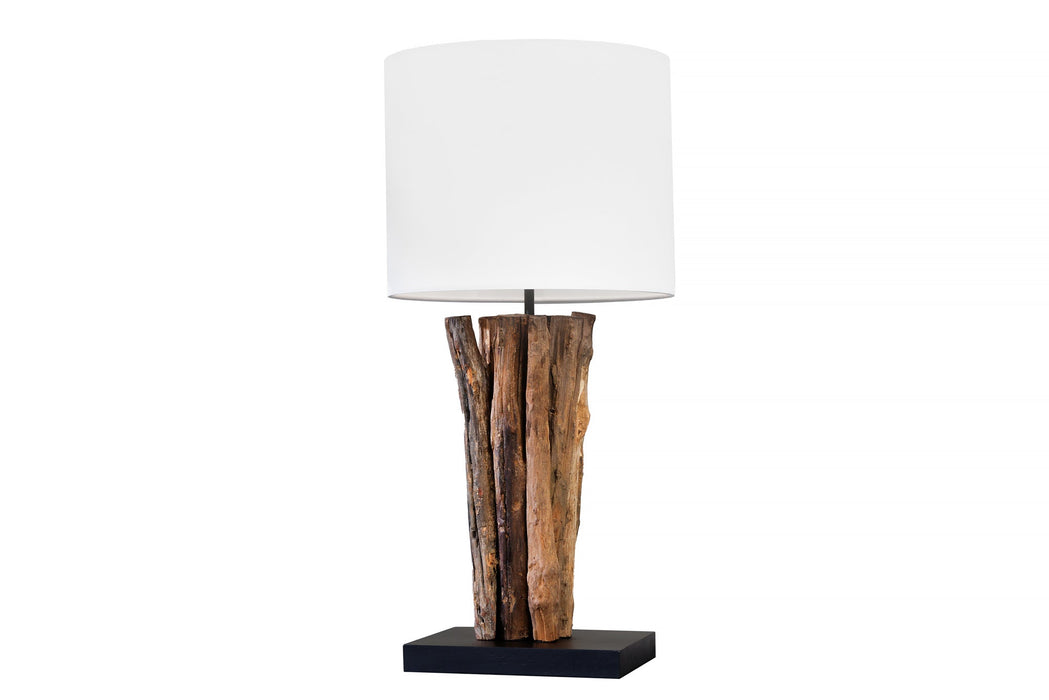 Tischleuchte PERIFERE 60cm Teakholz Lampenschirm Baumwolle