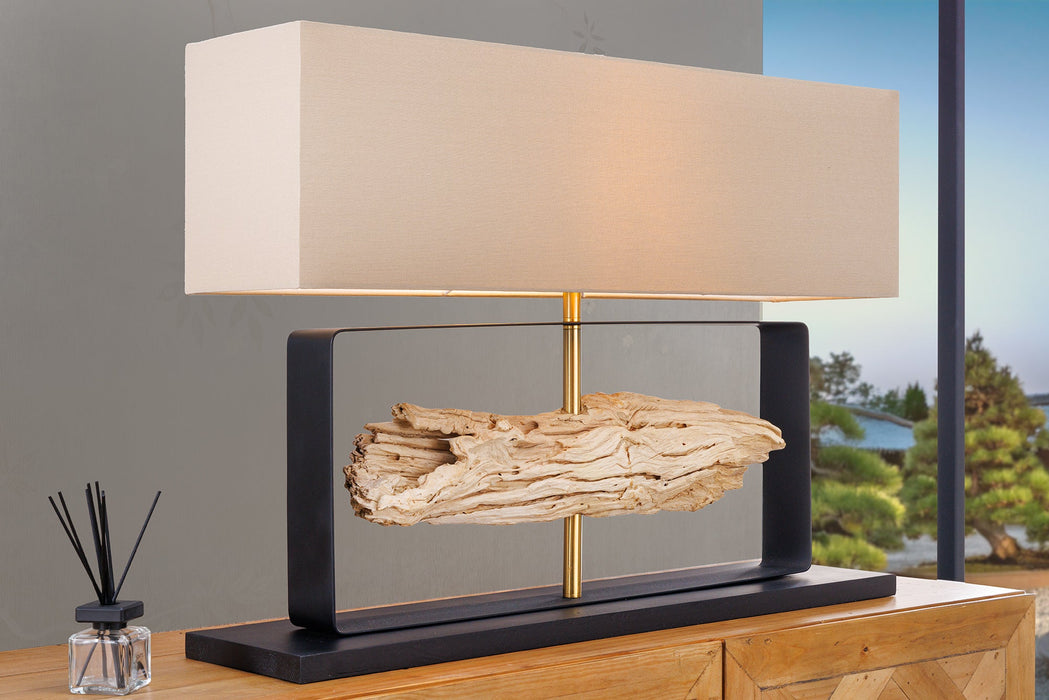 Tischleuchte ROUSILIQUE 60cm Lampenschirm beige Teakholz natur