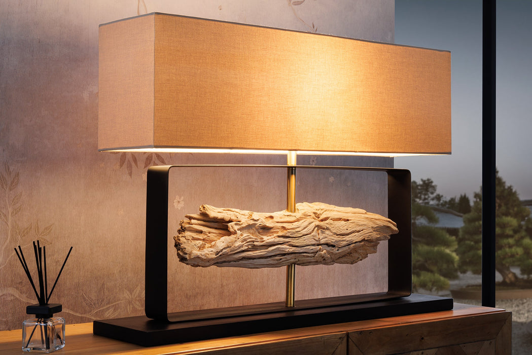 Tischleuchte ROUSILIQUE 60cm Lampenschirm beige Teakholz natur