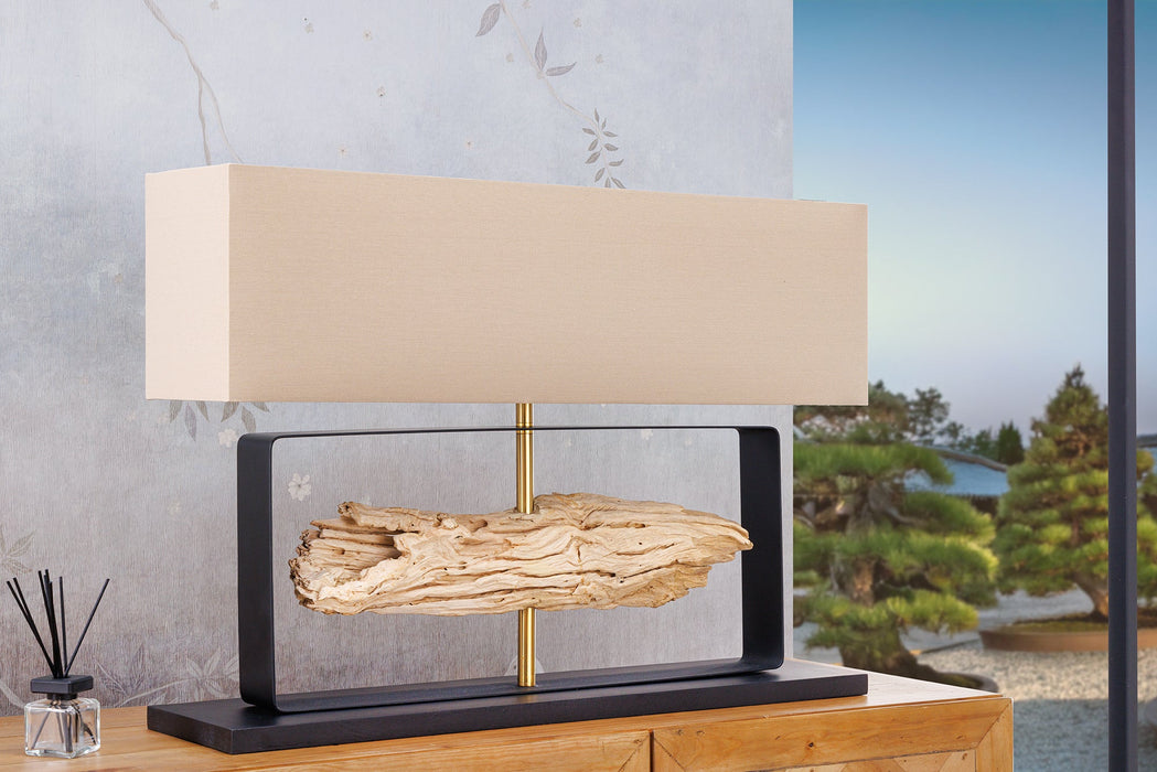 Tischleuchte ROUSILIQUE 60cm Lampenschirm beige Teakholz natur