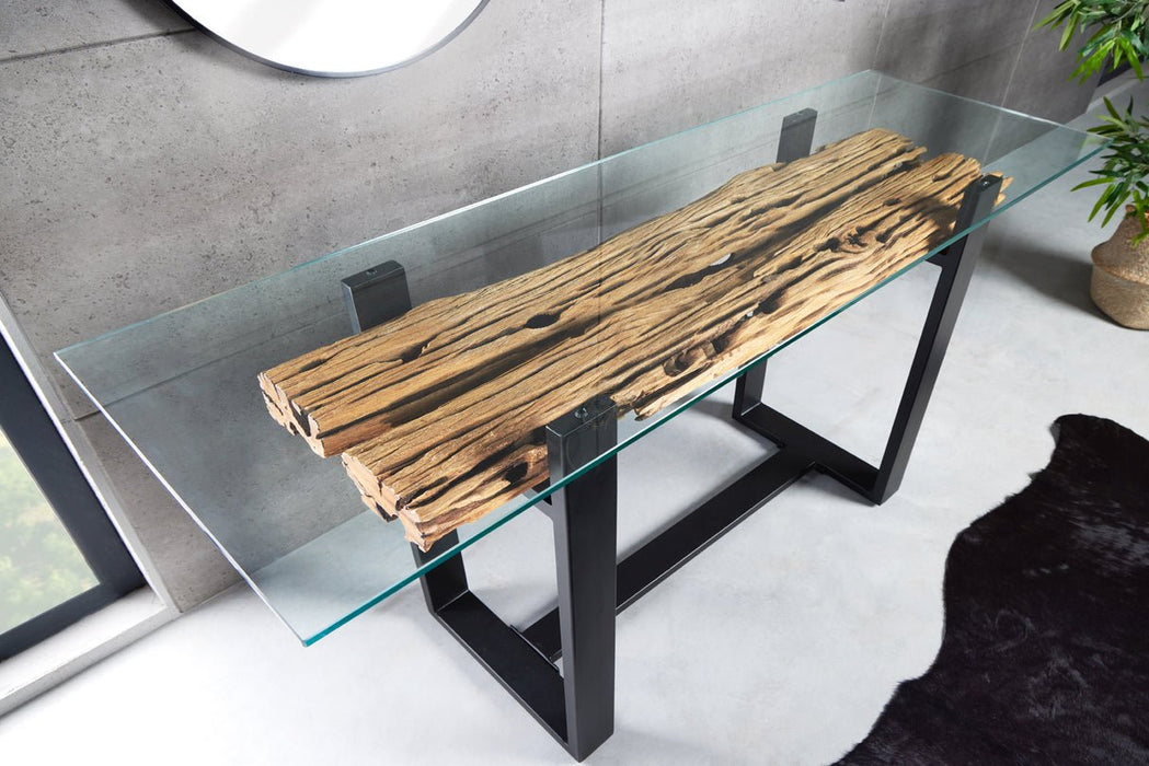 Konsole Barcelona 150cm recyceltes Teakholz mit gehärteter Glasplatte