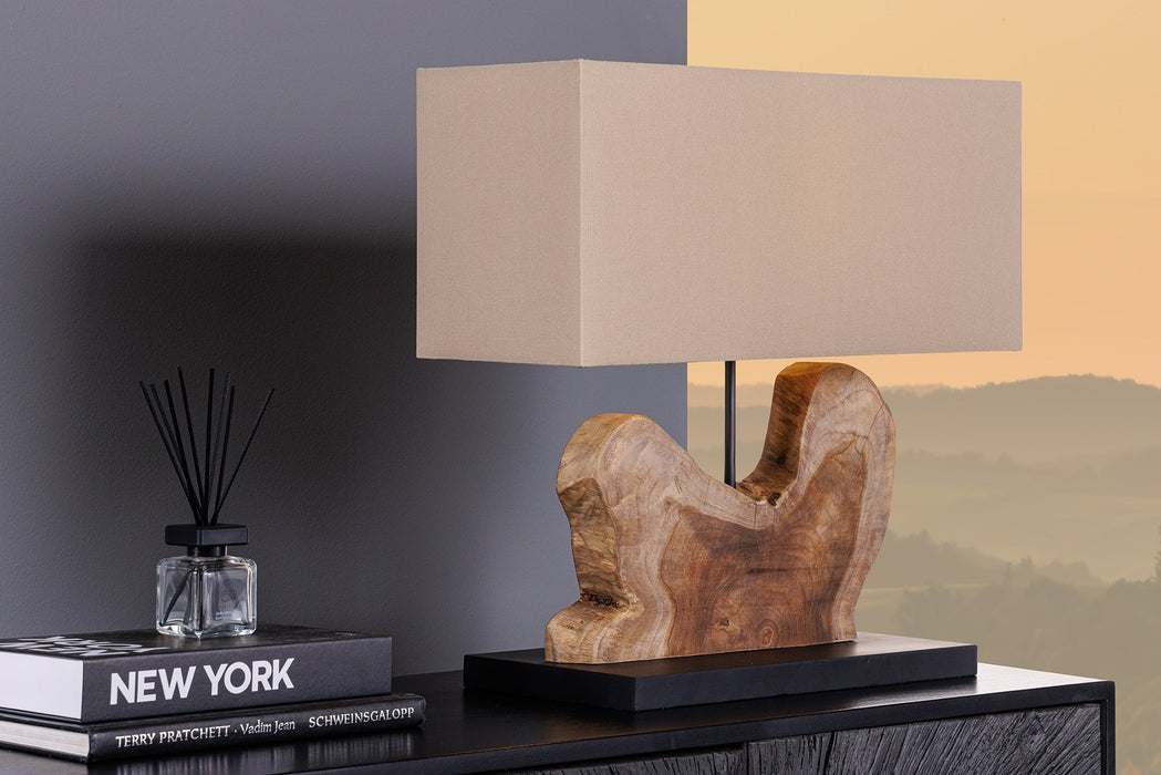 Tischleuchte HYPNOTIC 50cm Lampenschirm beige Teakholz natur