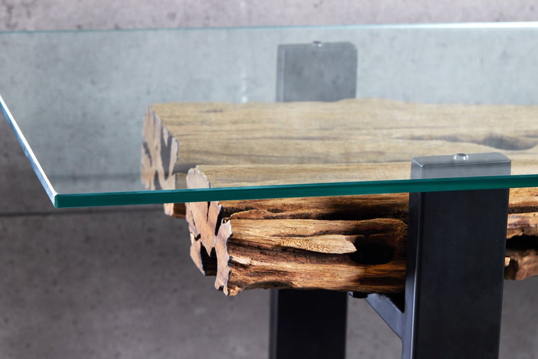 Konsole Barcelona 150cm recyceltes Teakholz mit gehärteter Glasplatte