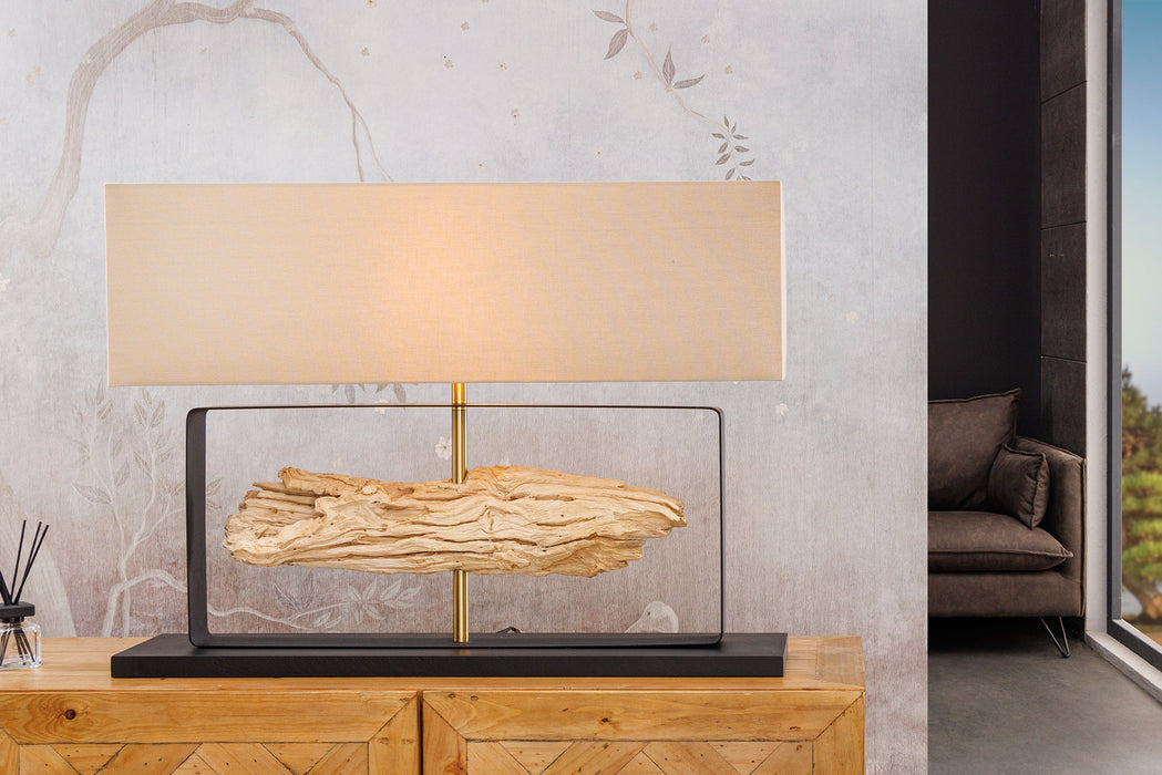 Tischleuchte ROUSILIQUE 60cm Lampenschirm beige Teakholz natur