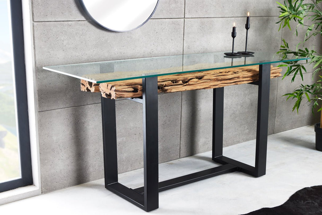 Konsole Barcelona 150cm recyceltes Teakholz mit gehärteter Glasplatte