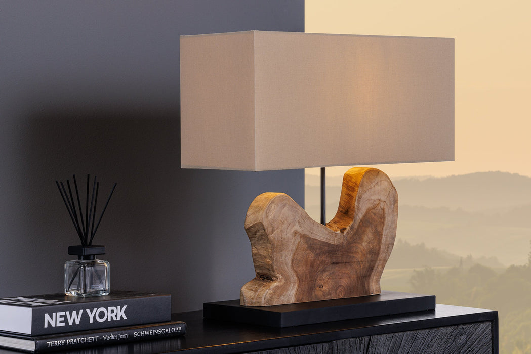 Tischleuchte HYPNOTIC 50cm Lampenschirm beige Teakholz natur