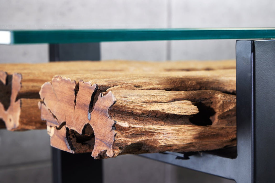Konsole Barcelona 150cm recyceltes Teakholz mit gehärteter Glasplatte