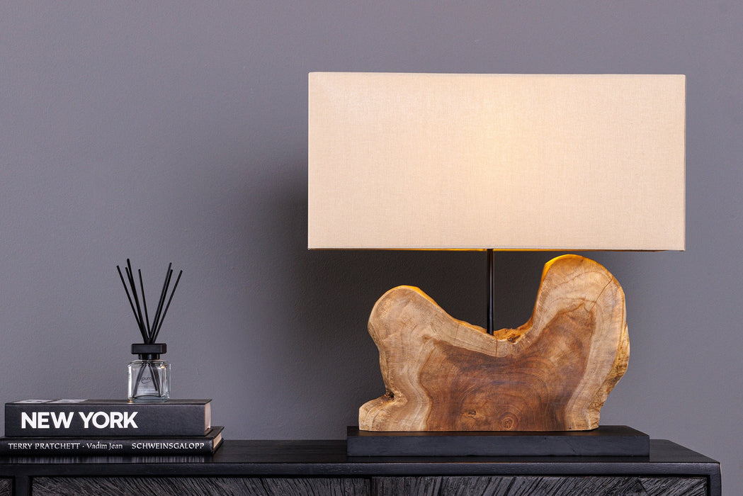 Tischleuchte HYPNOTIC 50cm Lampenschirm beige Teakholz natur
