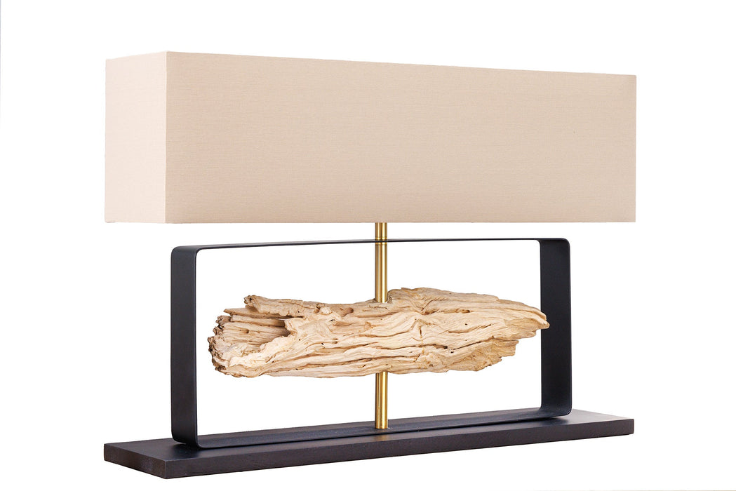 Tischleuchte ROUSILIQUE 60cm Lampenschirm beige Teakholz natur
