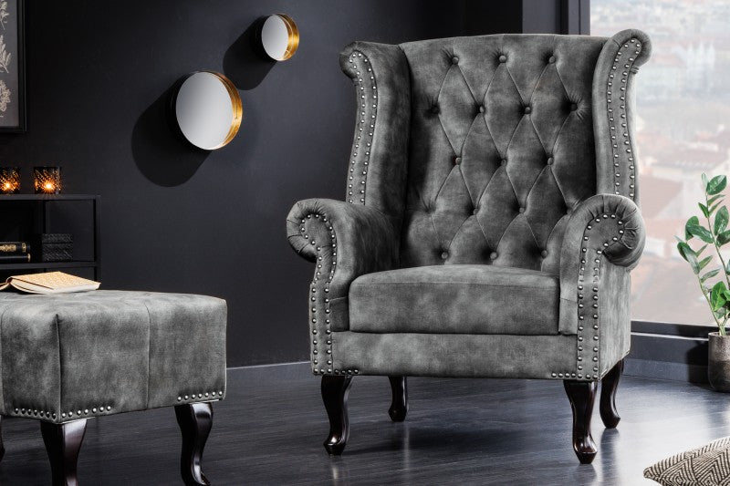 Ohrensessel Chesterfield grau Samt Antik Look