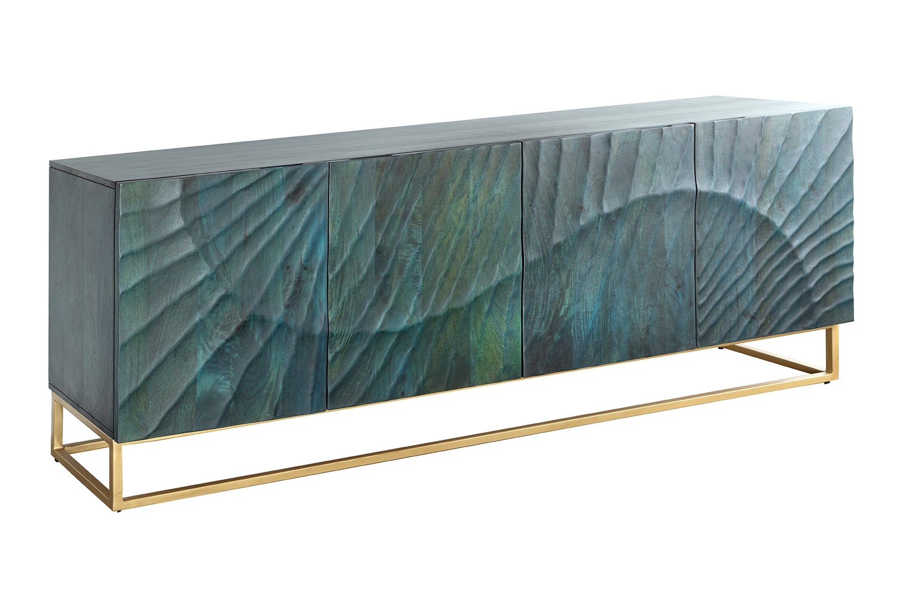 Sideboard Val Ferret aus Mangoholz mit 3D-Front, dekoriert mit Vasen und Büchern