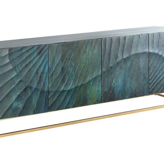 Sideboard Val Ferret aus Mangoholz mit 3D-Front, dekoriert mit Vasen und Büchern