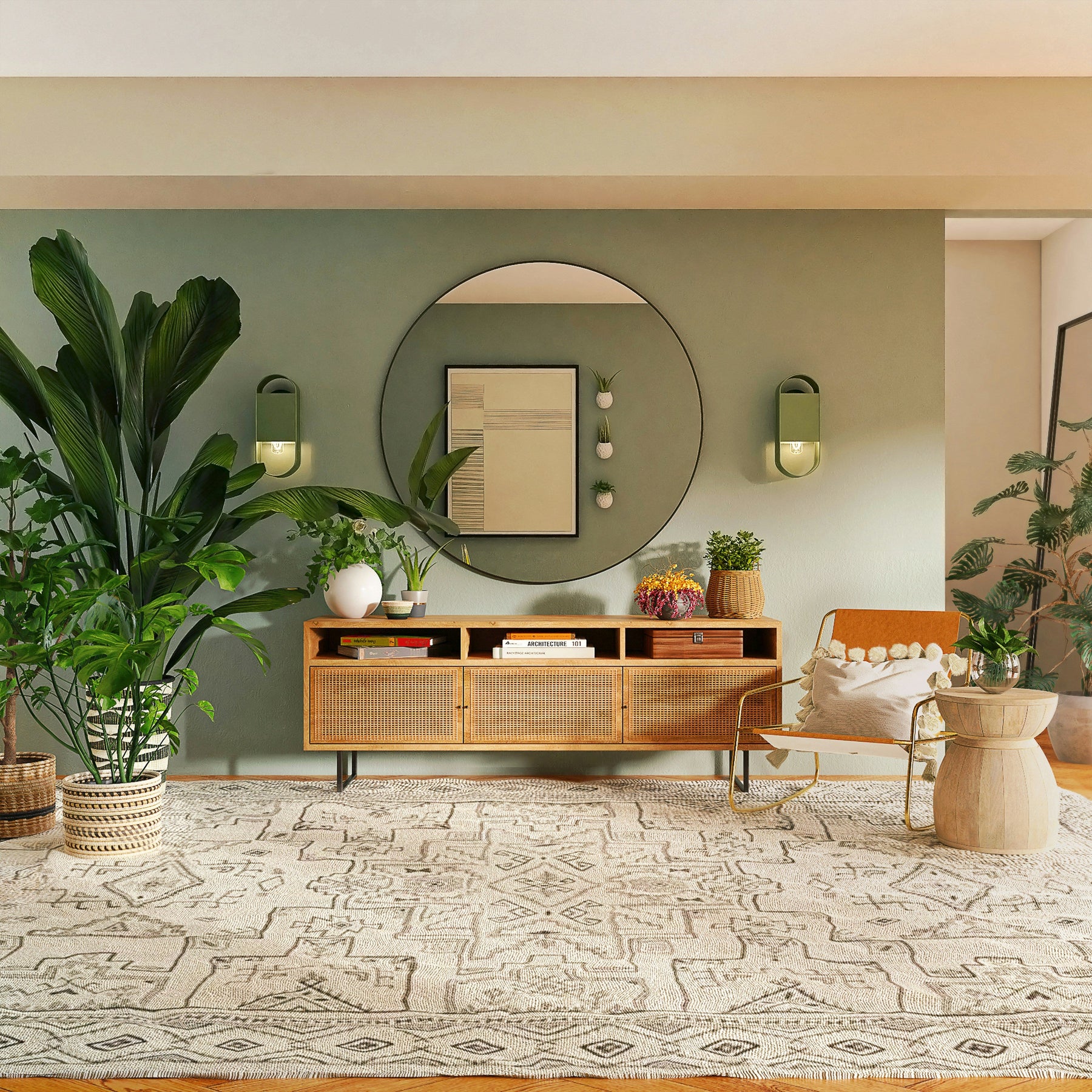 Modernes Wohnzimmer 2026 mit Sideboard, Pflanzen und warmen Erdtönen – Wohntrends Schweiz