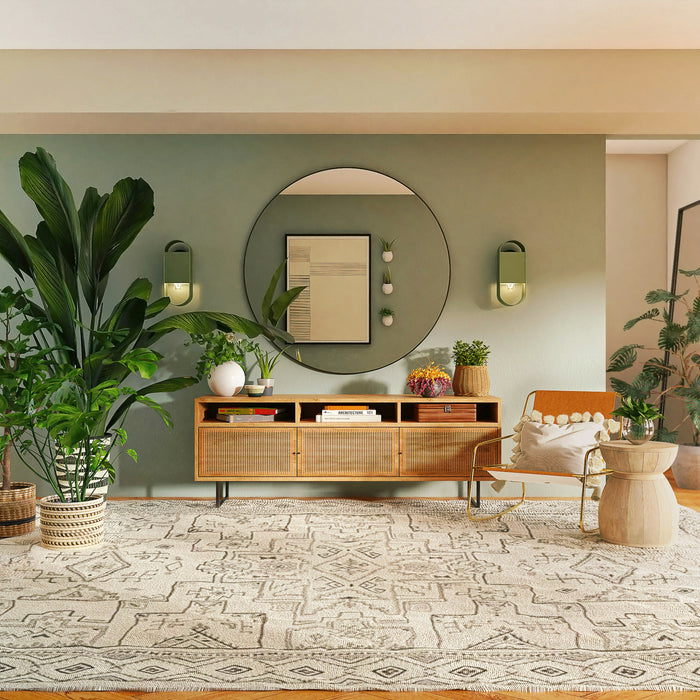 Modernes Wohnzimmer 2026 mit Sideboard, Pflanzen und warmen Erdtönen – Wohntrends Schweiz
