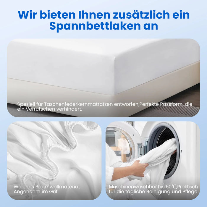 140×200 cm Matratze mit 7-Zonen-Taschenfederkern, 25 cm Höhe, H3 Liegehärte, inkl. Spannbettlaken, Premium-Qualität