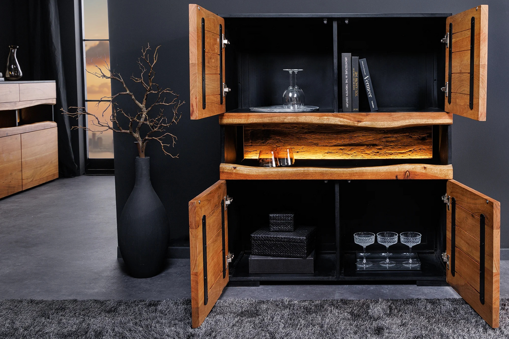 Highboard Pure Akazie 120cm Akazie Timber Naturkante mit LED Licht