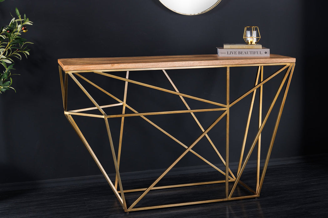 Console Diamant 120cm Eisen in Messingoptik Platte Mangoholz