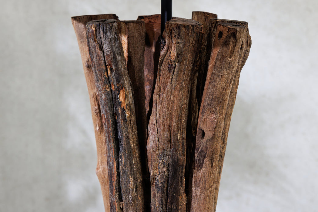 Tischleuchte PERIFERE 60cm Teakholz Lampenschirm Baumwolle