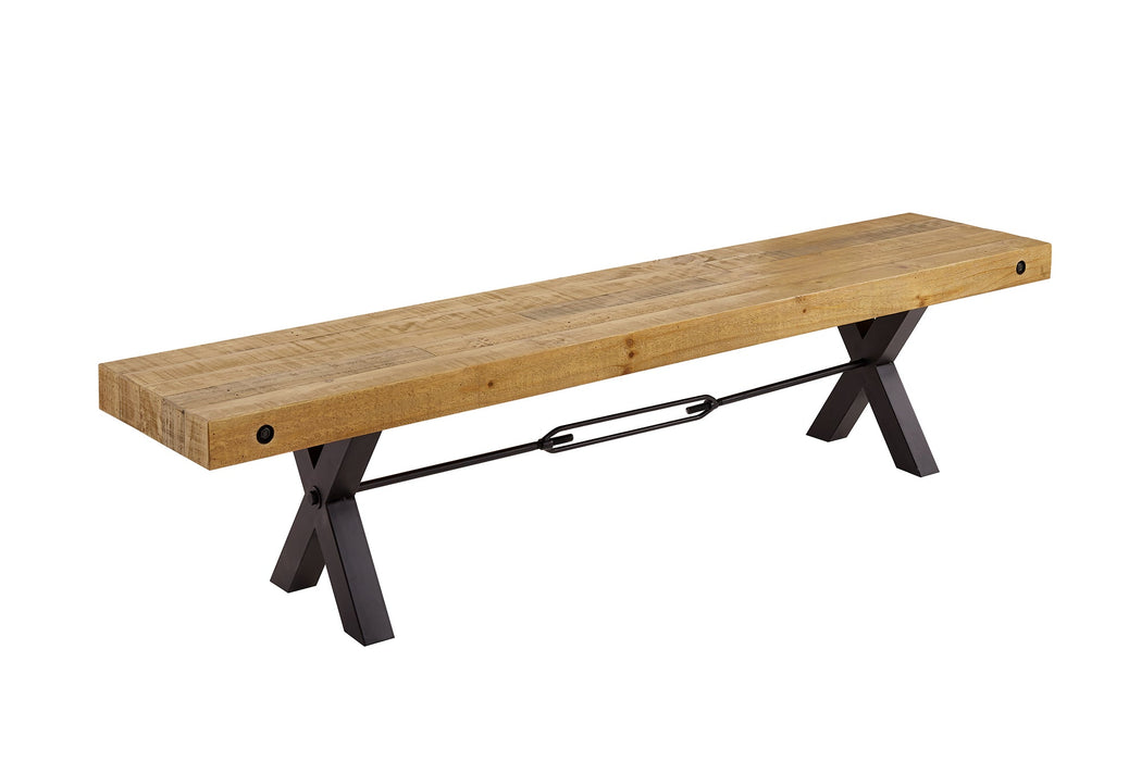 Sitzbank Lötschtal 200cm aus massiver Pinie vintage braun mit schwarzem X-Gestell