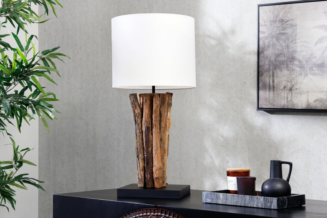 Tischleuchte PERIFERE 60cm Teakholz Lampenschirm Baumwolle