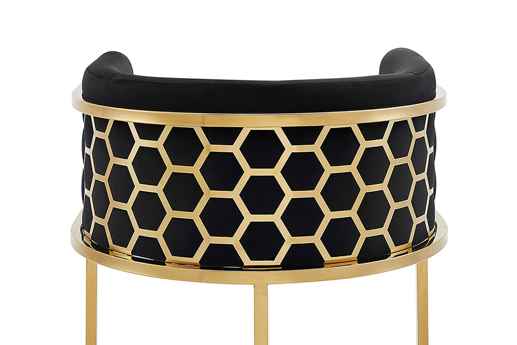 Barhocker Eleganz Samt schwarz goldenes Edelstahlgestell Detail