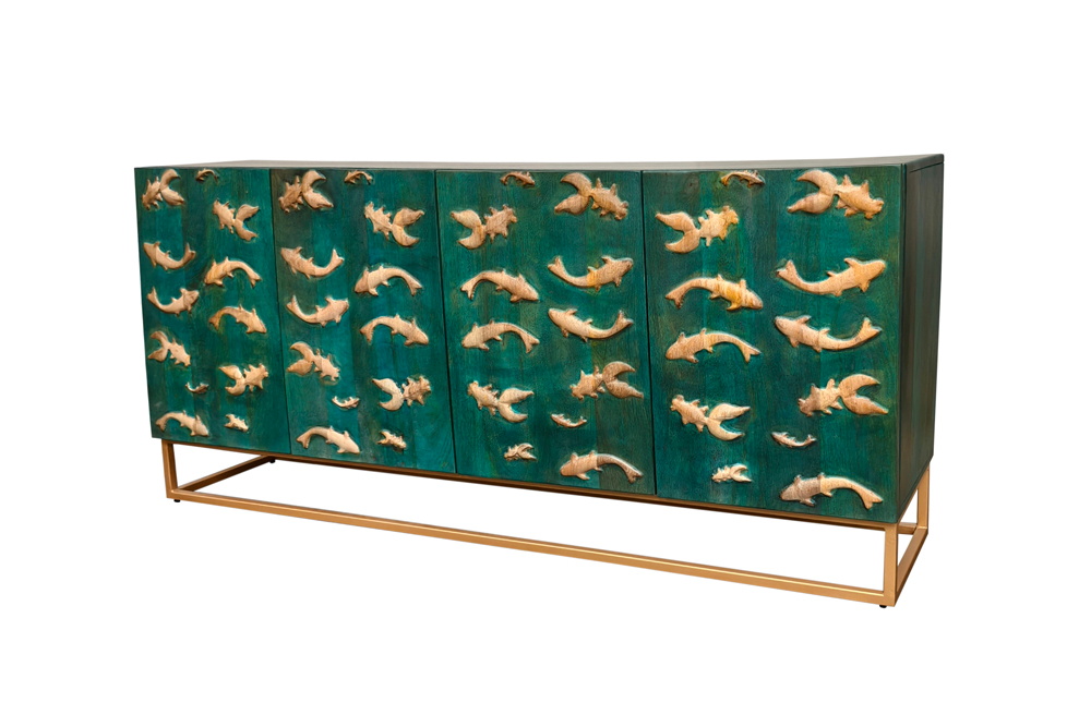 Sideboard GOLDEN Lagune 180cm 3D Mango Holz türkis Metall gold
