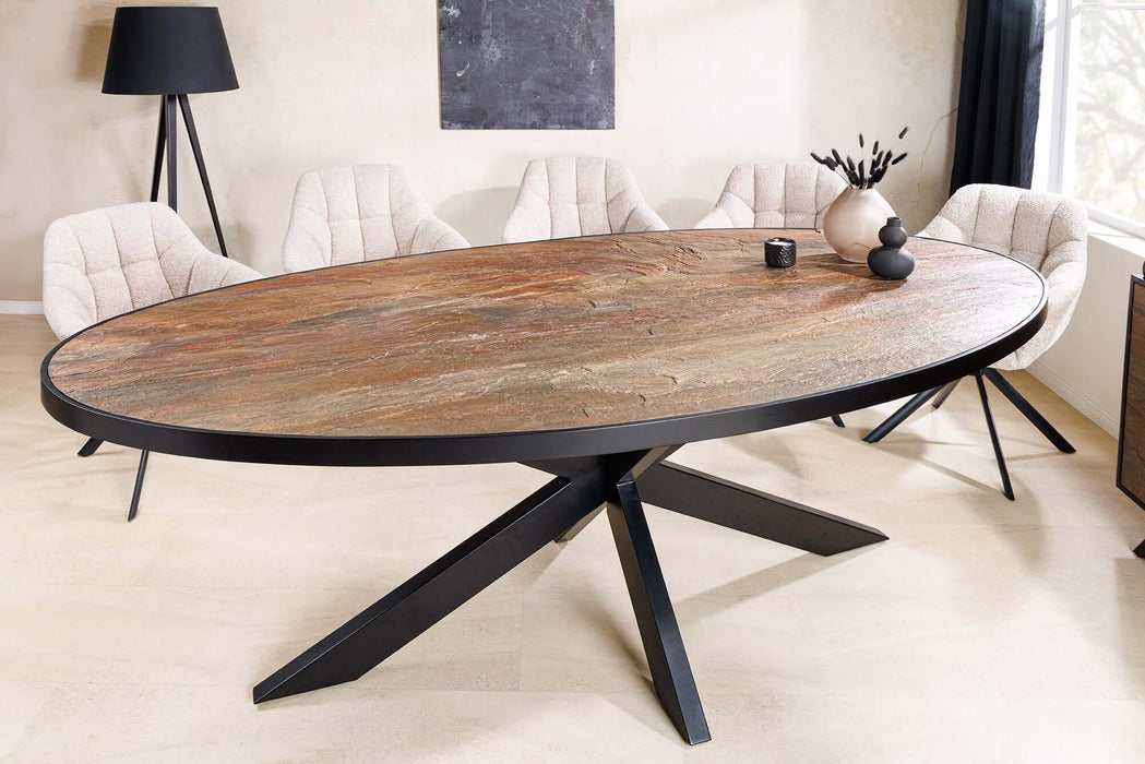 Esstisch Alpenschnee 240cm oval Naturstein-Optik rot und grün