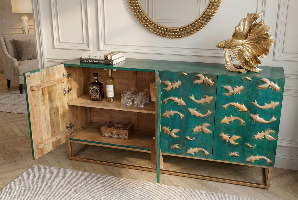 Sideboard GOLDEN Lagune 180cm 3D Mango Holz türkis Metall gold - Bild 4