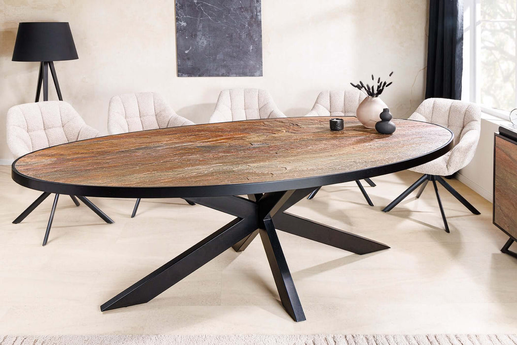 Esstisch Alpenschnee 240cm oval Naturstein-Optik rot und grün