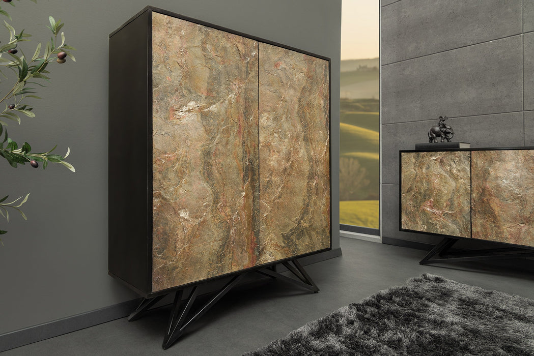Highboard Alpenschnee 120cm Akazie Natursteinoptik schwarz natur