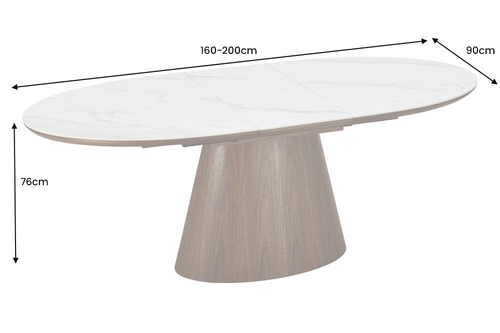Esstisch UNIQUE 160-200cm ausziehbar dunkle Walnussholzoptik weiße Keramik-Marmorplatte - Bild 7