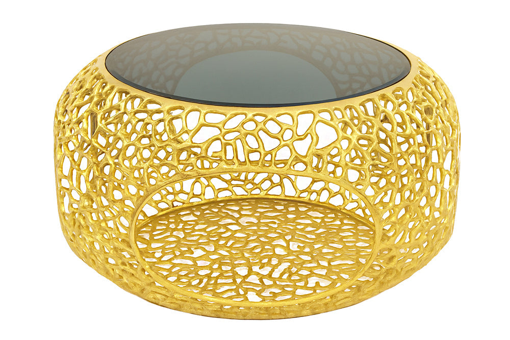 Couchtisch Whirl 75cm gehärtetes schwarzes Glas Sockel gold
