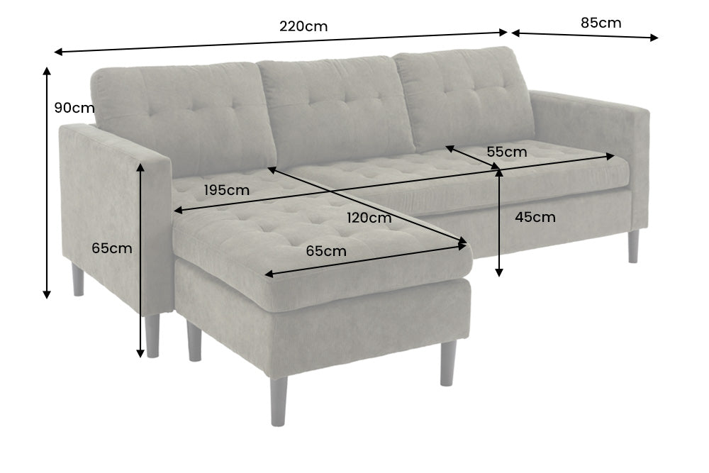 Ecksofa Visby 220cm 3-Sitzer Federkern Cord grau - Bild 10
