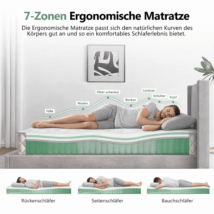 90x200 cm Matratze mit 7-Zonen-Taschenfederkern, 28 cm Hoehe, H3 Liegehaerte, inkl. Spannbettlaken, Premium-Qualitaet (3)
