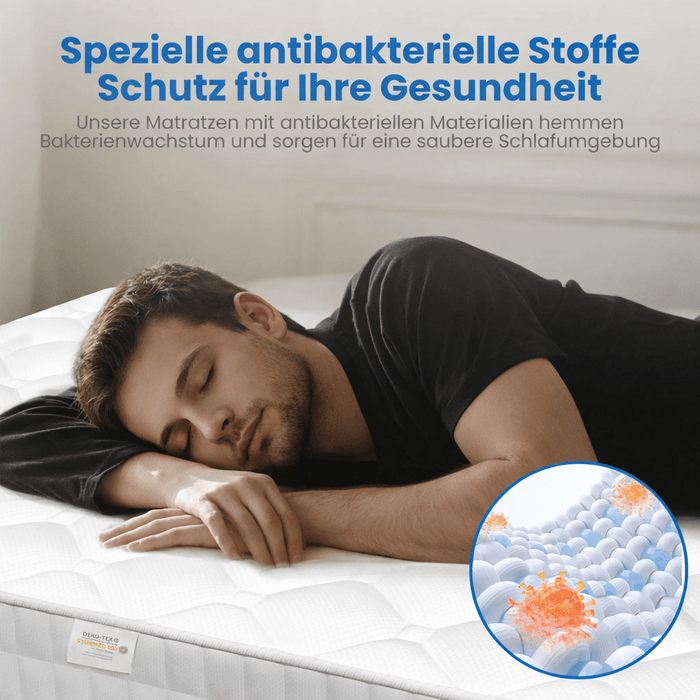 140×200 cm Matratze mit 7-Zonen-Taschenfederkern, 25 cm Höhe, H3 Liegehärte, inkl. Spannbettlaken, Premium-Qualität