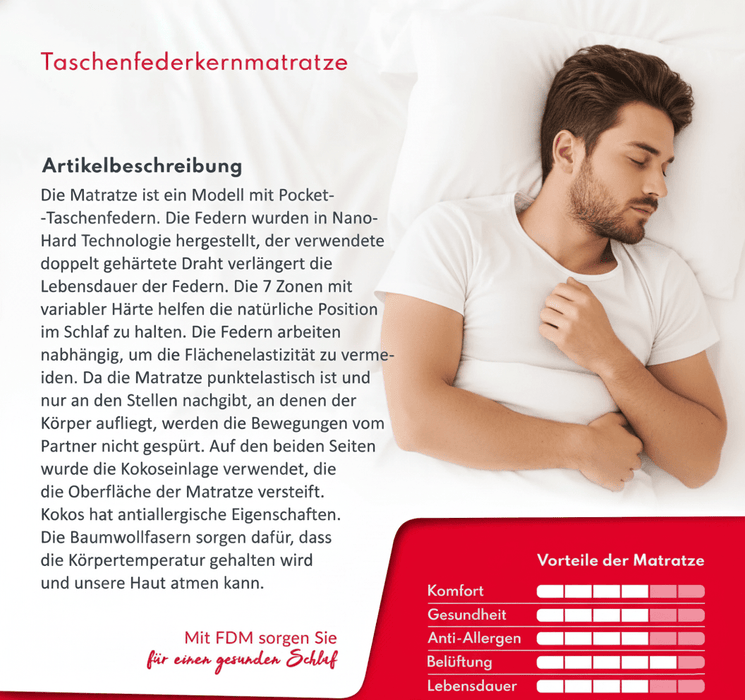 Matratze 160x200 cm 7 Zonen, H4/H5 Haertegrad, Taschenfederkern mit Kokos, ca. 23 cm hoch, Premium Jersey Bezug (7)