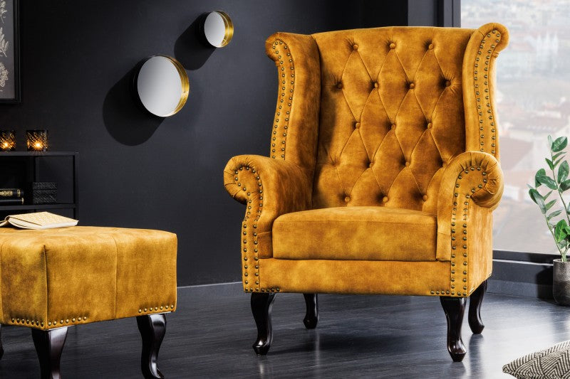 Ohrensessel Chesterfield senfgelb Antik Look