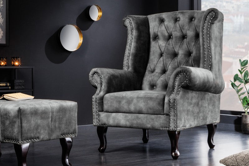 Ohrensessel Chesterfield grau Samt Antik Look