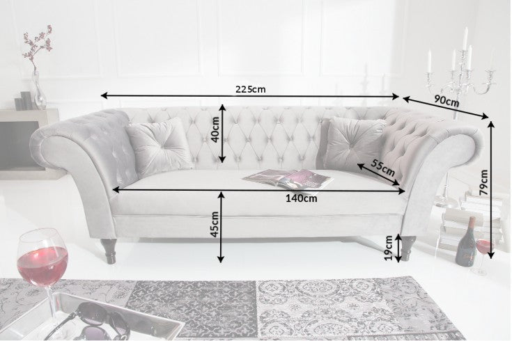 Sofa New York Chesterfield 225cm Samt silbergrau