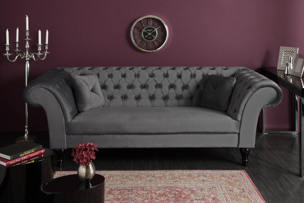 Sofa New York Chesterfield 225cm Samt silbergrau