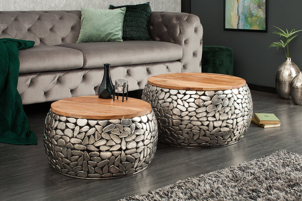Couchtisch Rock Mosaic 2er Set silber Mango