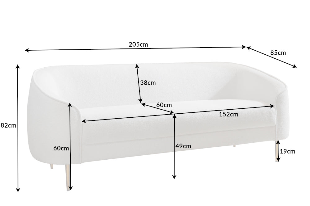 Sofa Icon 205cm Teddystoff Weiss Gold