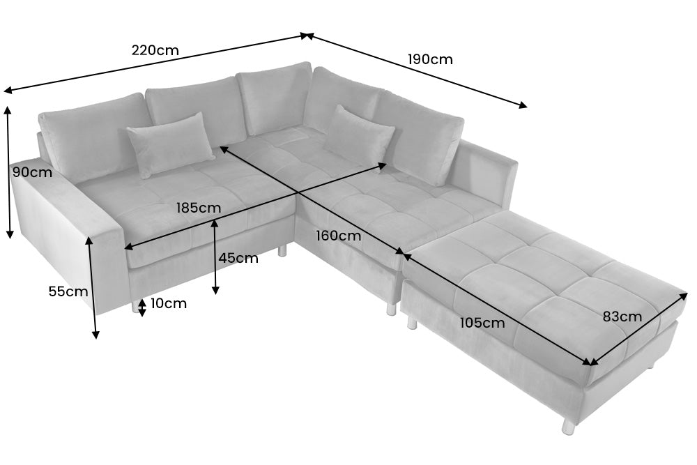 Ecksofa Dover silbergrau Samt inkl. Hocke