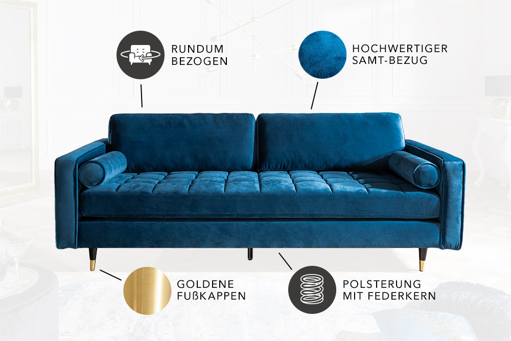 Sofa Plush Velvet 220cm Petrol Blau Samt
