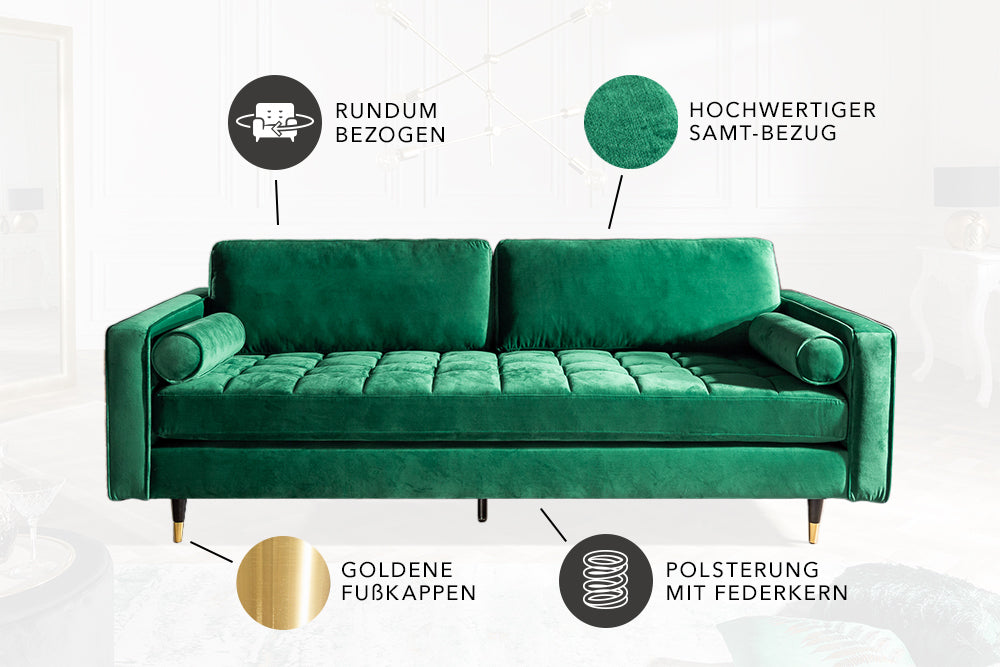 Sofa Plush Velvet 220cm Smaragdgrün Samt