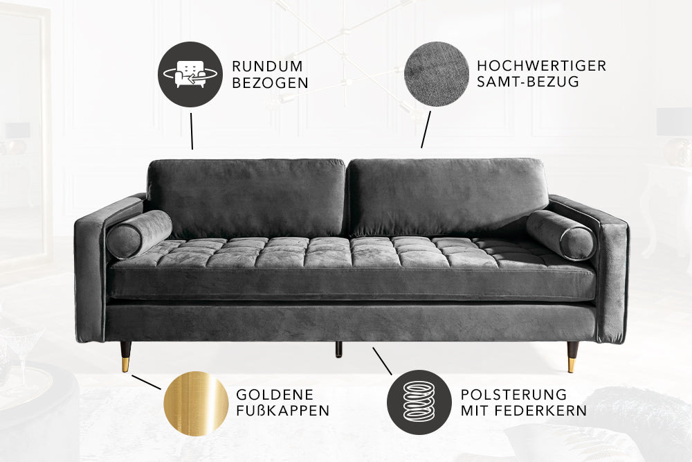 Sofa Plush Velvet 220cm Grau Samt