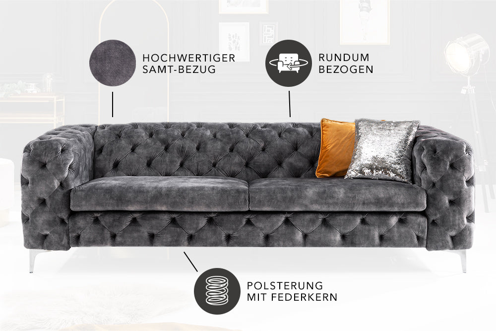 Sofa Barock 240cm Dunkelgrau Samt