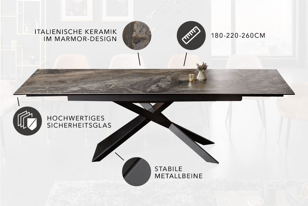 Esstisch Bliss 180-220-260cm Keramik Marmor-Optik