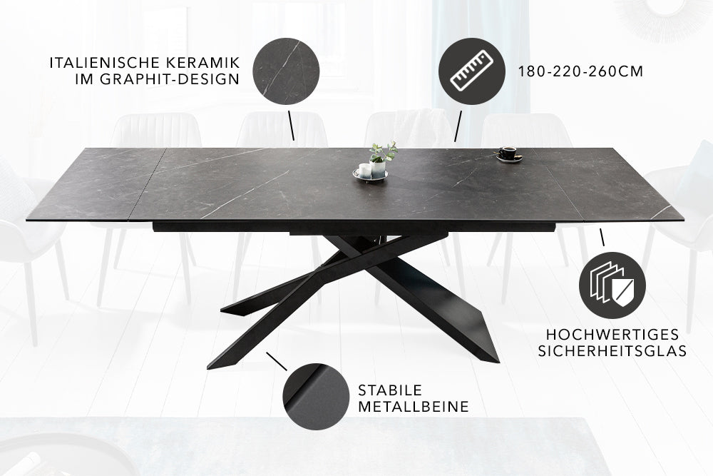 Esstisch Euphorie 180-220-260cm Keramik Graphit-Optik